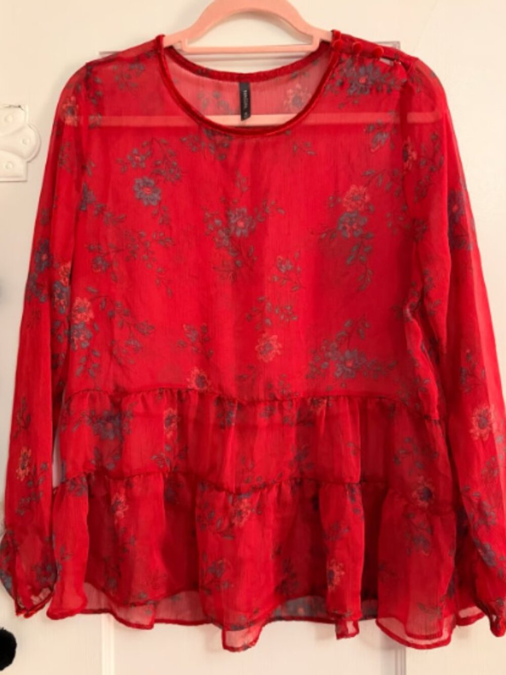 Massini Red Sheer Floral Blouse Medium Ruffle Hem Boho Long Sleeve Top